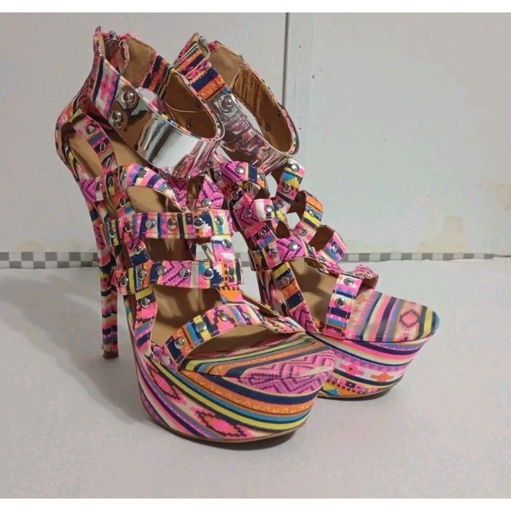 Dollhouse Multicolored Guardian Platform Heels Sz 7 Preppy Barbie Colorful